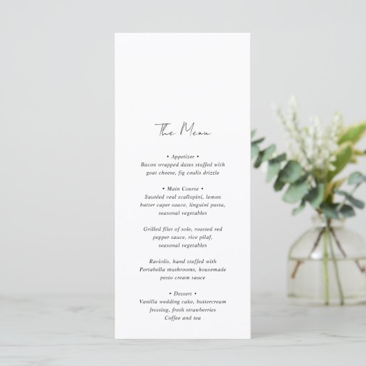 Moderne zwart-wit minimalistische trouwdag menu (Staand voorkant)