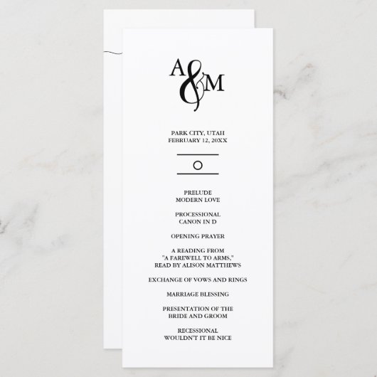 Moderne zwart-wit monogram bruiloft programmakaart (Voorkant / Achterkant)