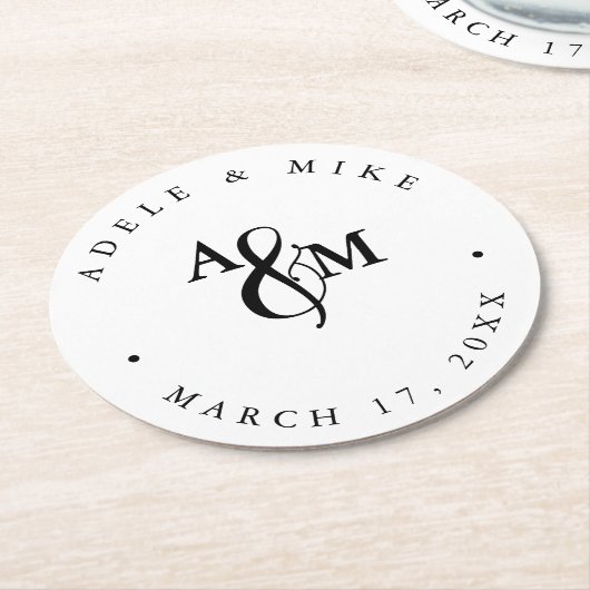 Moderne zwart-wit monogram bruiloft ronde kartonnen onderzetter (Gebogen)
