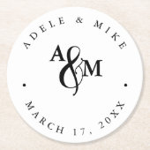 Moderne zwart-wit monogram bruiloft ronde kartonnen onderzetter (Voorkant)