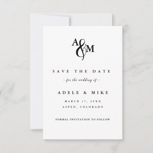 Moderne zwart-wit monogram bruiloft save the date (Voorkant)