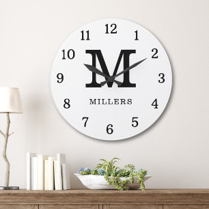 Moderne Zwart-Wit Monogram Familienaam Grote Klok