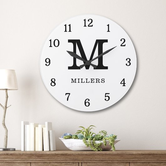 Moderne Zwart-Wit Monogram Familienaam Grote Klok