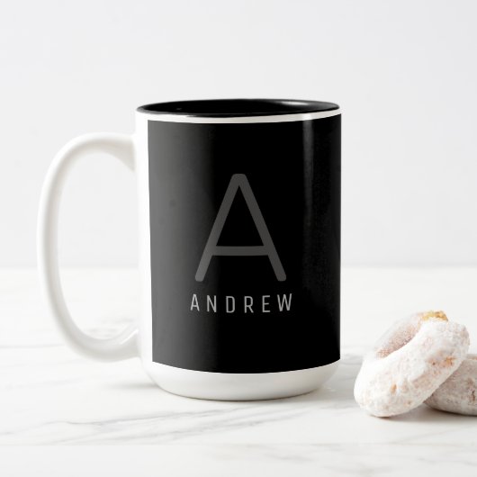 Moderne Zwart & Wit Monogrammed Koffie Mok (Met donut)