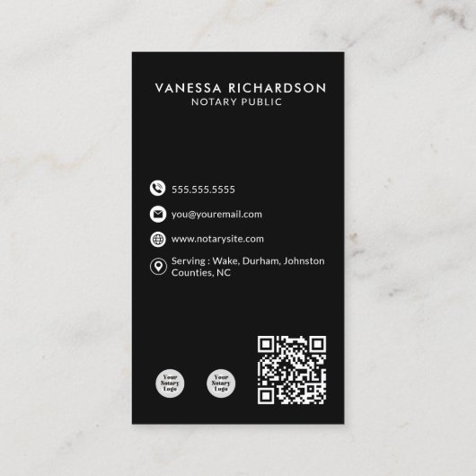 Moderne zwart-wit notaris verticale foto QR-code Visitekaartje (Achterkant)