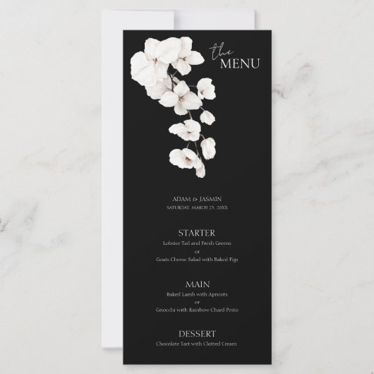 Moderne Zwart Wit Orchideeën Bloemen Bruiloft Menu (Voorkant)