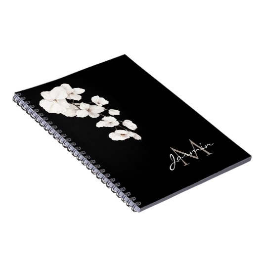 Moderne zwart-wit orchideeën Floral Monogram Notitieboek (Rechterzijde)