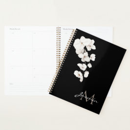 Moderne zwart-wit orchideeën Floral Monogram Planner