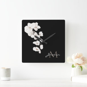 Moderne zwart-wit orchideeën Floral Monogram Vierkante Klok