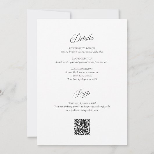 Moderne zwart-wit QR-code alles-in-één uitnodiging (Achterkant)