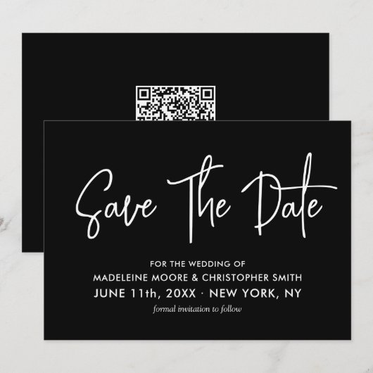 Moderne Zwart Wit QR Code Kalligrafie Save The Date (Voorkant / Achterkant)