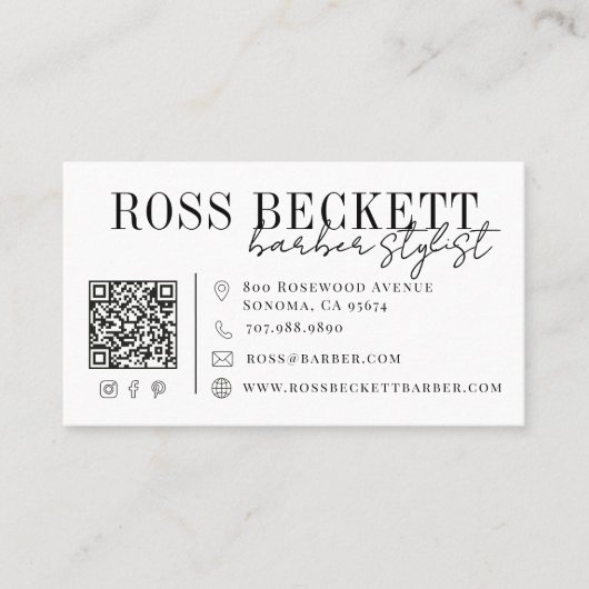 Moderne Zwart-Wit QR-code Kapper Stylist Visitekaartje (Voorkant)
