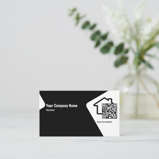 Moderne Zwart-wit  Realtor QR Code Visitekaartje (Staand voorkant)