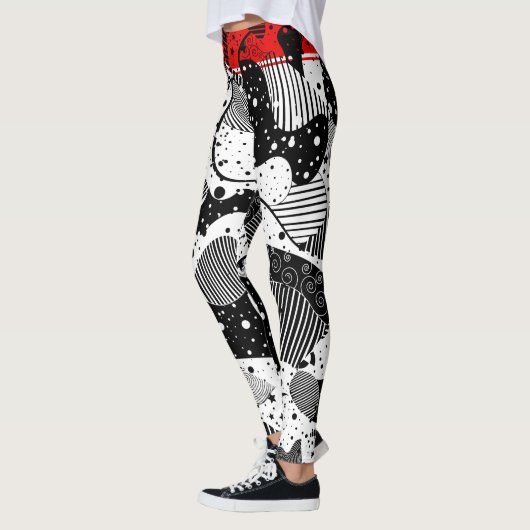 Moderne Zwart Wit & Rood Abstracte Geometrische Ku Leggings (Links)