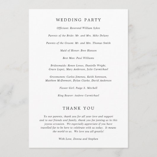 Moderne Zwart-Wit Schone Bruiloft Programmakaart (Achterkant)