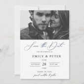 Moderne zwart-wit script foto save the date kaart (Voorkant)