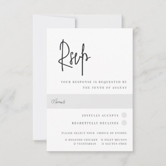 Moderne zwart-wit script huwelijksmenu RSVP kaartje (Voorkant)