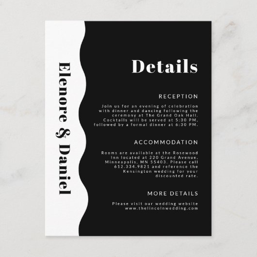 Moderne Zwart Wit Side Wave Foto bruiloft Details Informatiekaartje (Voorkant)