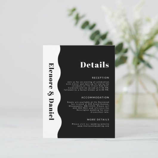 Moderne Zwart Wit Side Wave Foto bruiloft Details Informatiekaartje (Staand voorkant)