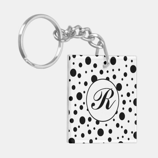 Moderne Zwart-Wit Stippen Monogram Sleutelhanger (Voorkant Links)