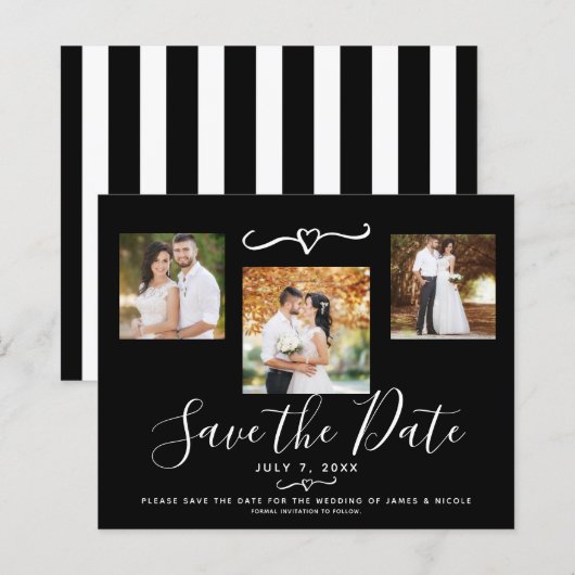 Moderne zwart-wit strepen foto save the date (Voorkant / Achterkant)