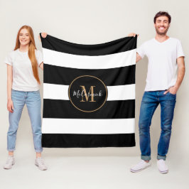 Moderne Zwart Wit Strepen Goud Monogramed Naam Fleece Deken
