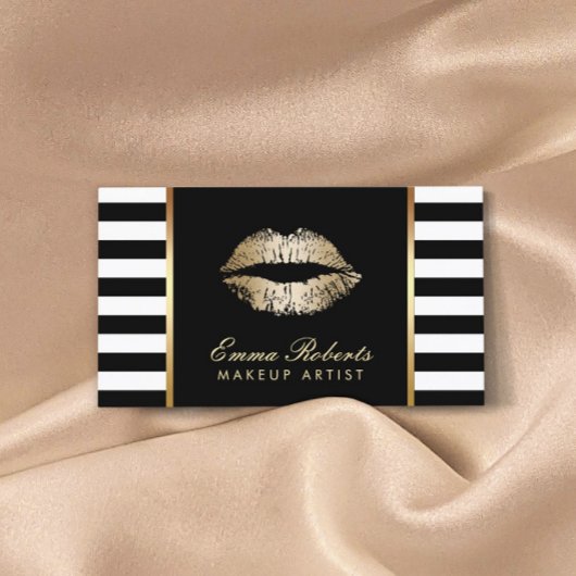 Moderne Zwart Wit Strepen Gouden Lippen Make-up Ar Visitekaartje