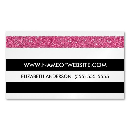Moderne zwart-wit strepen roze FAUX Glitz Magnetisch Visitekaartje (Voorkant)