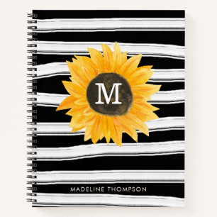 Moderne Zwart Wit Strepen Zonnebloem Monogram Notitieboek