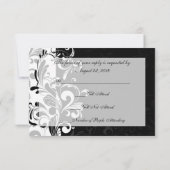 Moderne zwart-wit swirl RSVP kaartje (Achterkant)