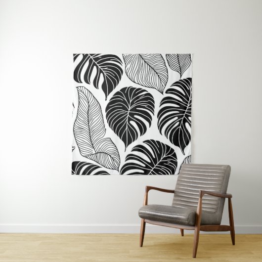 Moderne zwart-wit tropische bladeren wandkleed (In situ)