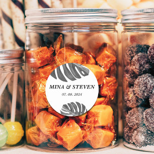 Moderne zwart-wit tropische bruiloft ronde sticker