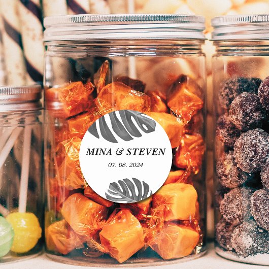 Moderne zwart-wit tropische bruiloft ronde sticker