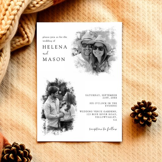 Moderne Zwart-Wit Twee Foto bruiloft Kaart