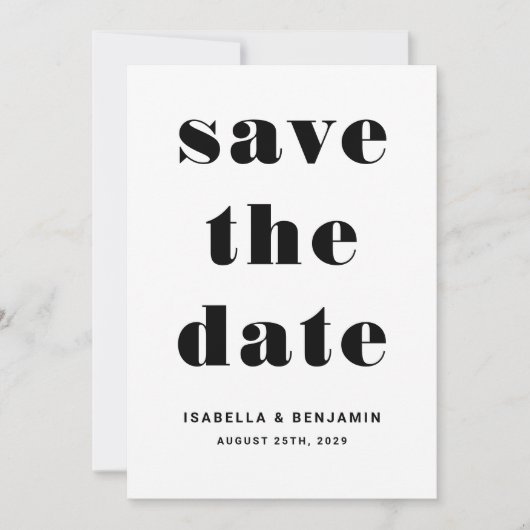 Moderne zwart-wit typografie bruiloft save the date (Voorkant)