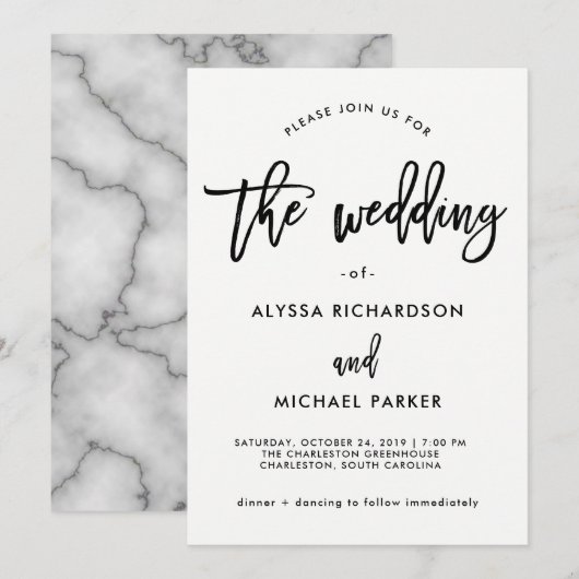 Moderne zwart-wit typografie | marmeren bruiloft kaart (Voorkant / Achterkant)