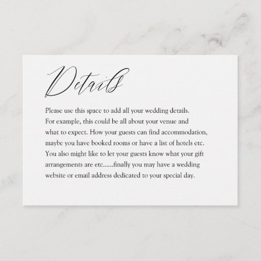 Moderne zwart-wit typografie Wedding Details Informatiekaartje (Voorkant)