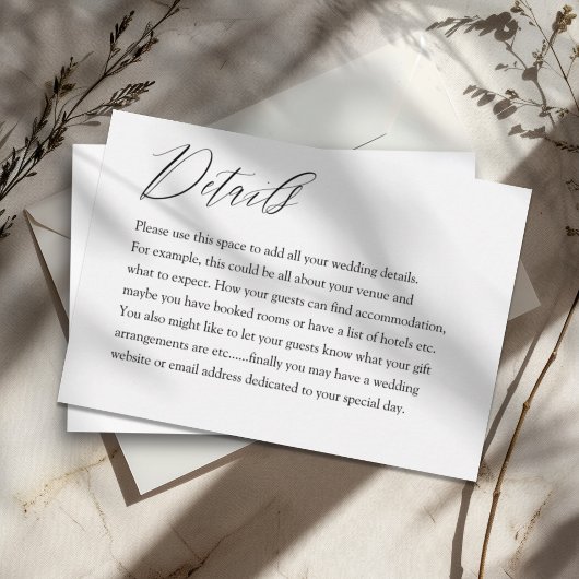 Moderne zwart-wit typografie Wedding Details Informatiekaartje