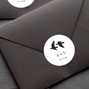 Moderne zwart-wit vogels bruiloft Monogram Ronde Sticker