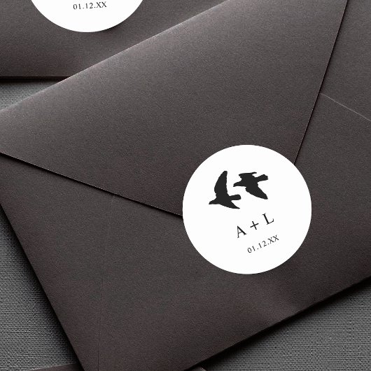 Moderne zwart-wit vogels bruiloft Monogram Ronde Sticker