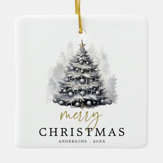 Moderne Zwart & Wit Vrolijke Kerstboom Familie Keramisch Ornament (Voorkant)