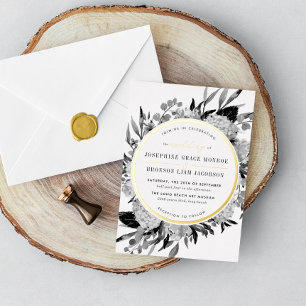 Moderne zwart-wit waterverf bloemen bruiloft folie uitnodiging