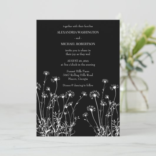 Moderne Zwart & Wit Wildflower bruiloft Kaart (Staand voorkant)