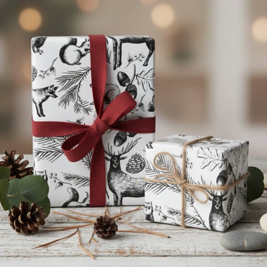 Moderne Zwart & Wit Woodland Dieren Hand-getrokken Cadeaupapier