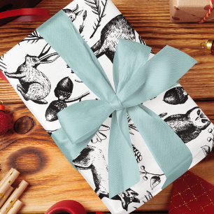 Moderne Zwart & Wit Woodland Dieren Hand-getrokken Cadeaupapier