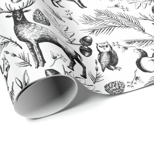 Moderne Zwart & Wit Woodland Dieren Hand-getrokken Cadeaupapier (Rol Hoek)
