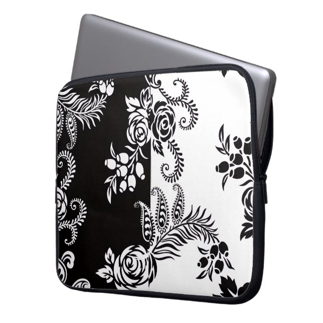 Moderne Zwart & Witte Bloem Laptop Hoes (Voorkant Links)