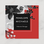 Moderne zwart-witte bloem op rode achtergrond vierkante visitekaartje (Voorkant)
