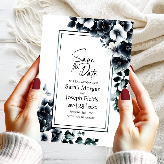 Moderne zwart-witte bloem Save the Date Kaart