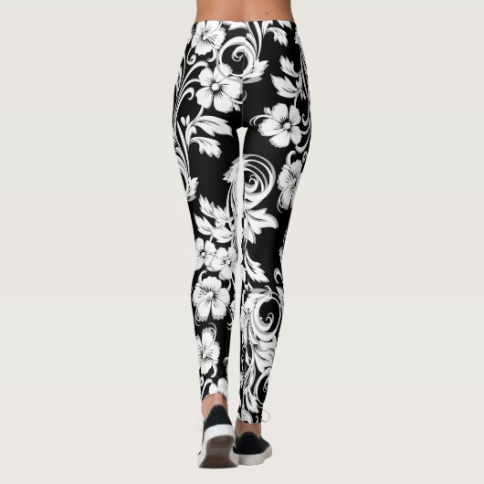 Moderne zwart-witte bloemen filigraan kunstwerk leggings (Achterkant)